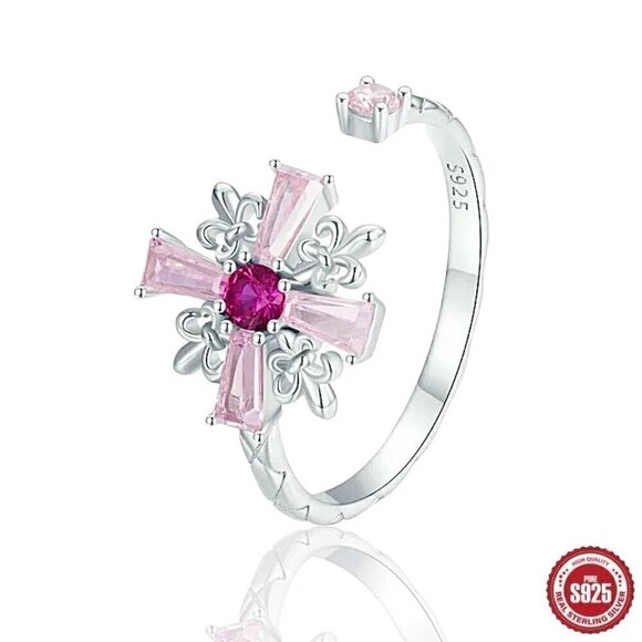 NWT S925 Sterling Silver Pink CZ Cross Fleur-De-Lis Design Open Adjustable Ring - Picture 1 of 12